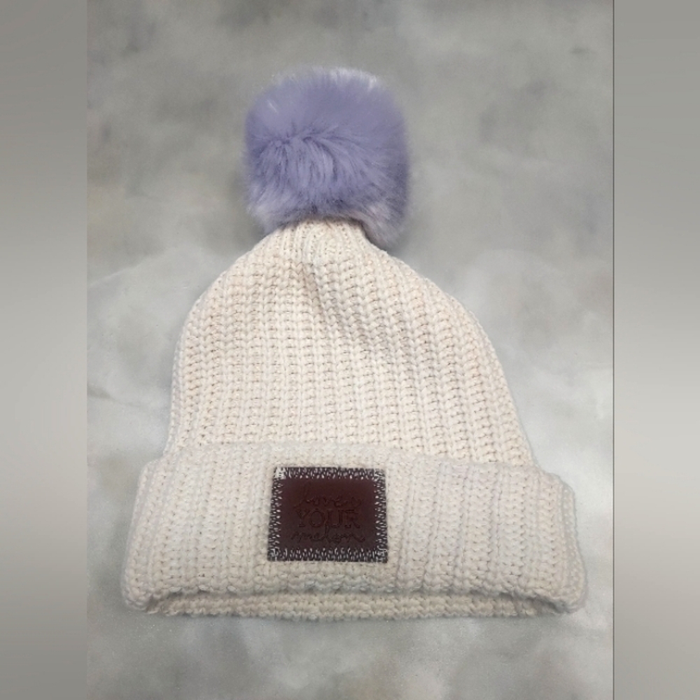 Love your Melon- Winter White Knit Beanie with Purple  Pompom